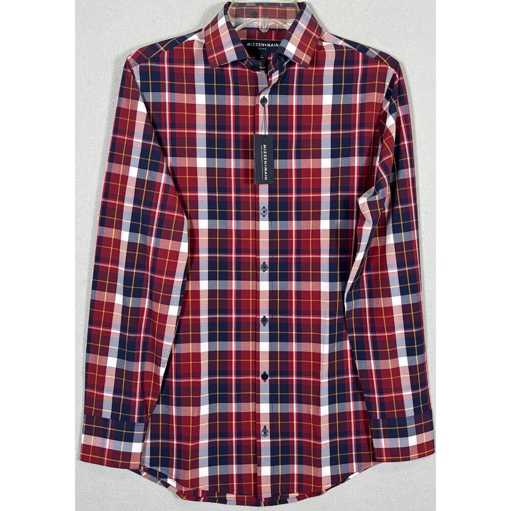 NWT Mizzen Main Leeward Performance Shirt Mens S Blue Red Plaid Trim Fit